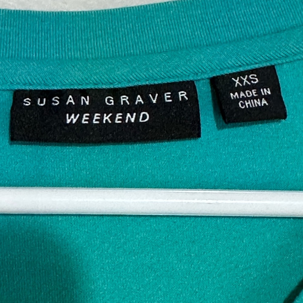 Susan Graver Brand Weekend Teal Henley Top 3/4 Sleeve Rhinestone Buttons XXS - Picture 4 of 8